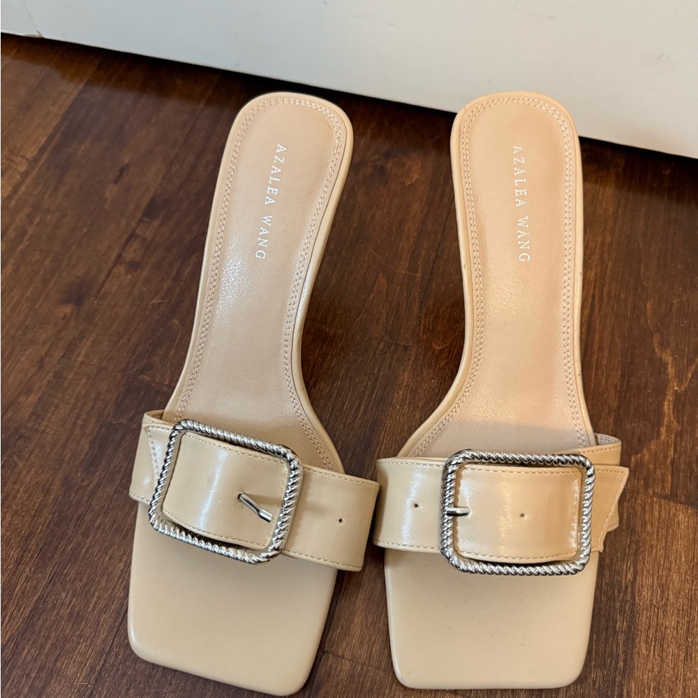 Cream Heels with Square-Toe and Buckle Detail